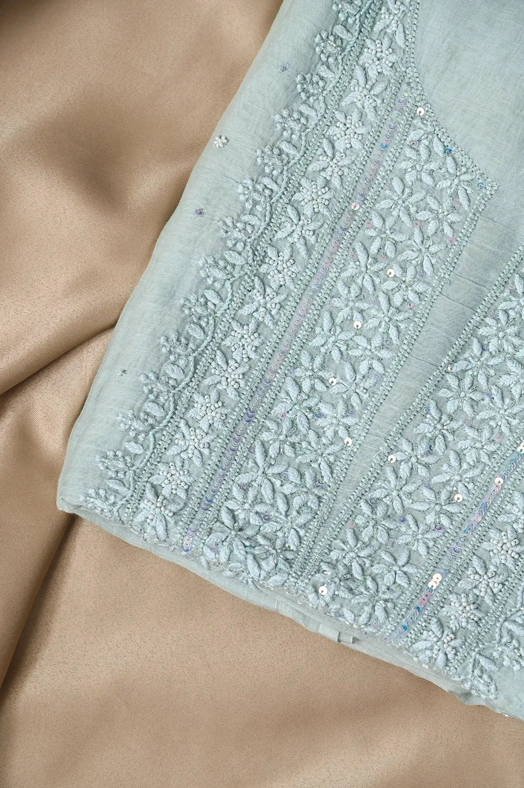 Mul Chanderi Length with Dupatta (with Pearl) - Tiffany Green - Lucknawi Chikankari