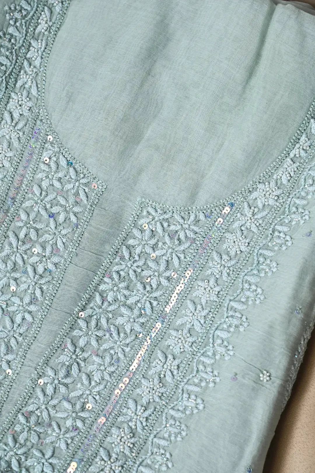 Mul Chanderi Length with Dupatta (with Pearl) - Tiffany Green - Lucknawi Chikankari