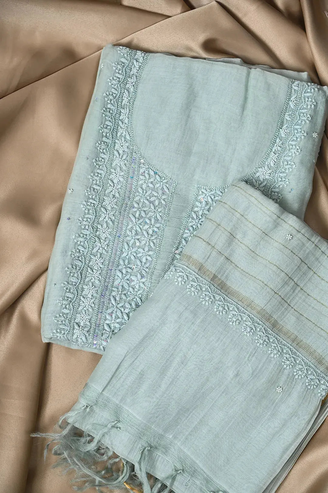 Mul Chanderi Length with Dupatta (with Pearl) - Tiffany Green - Lucknawi Chikankari