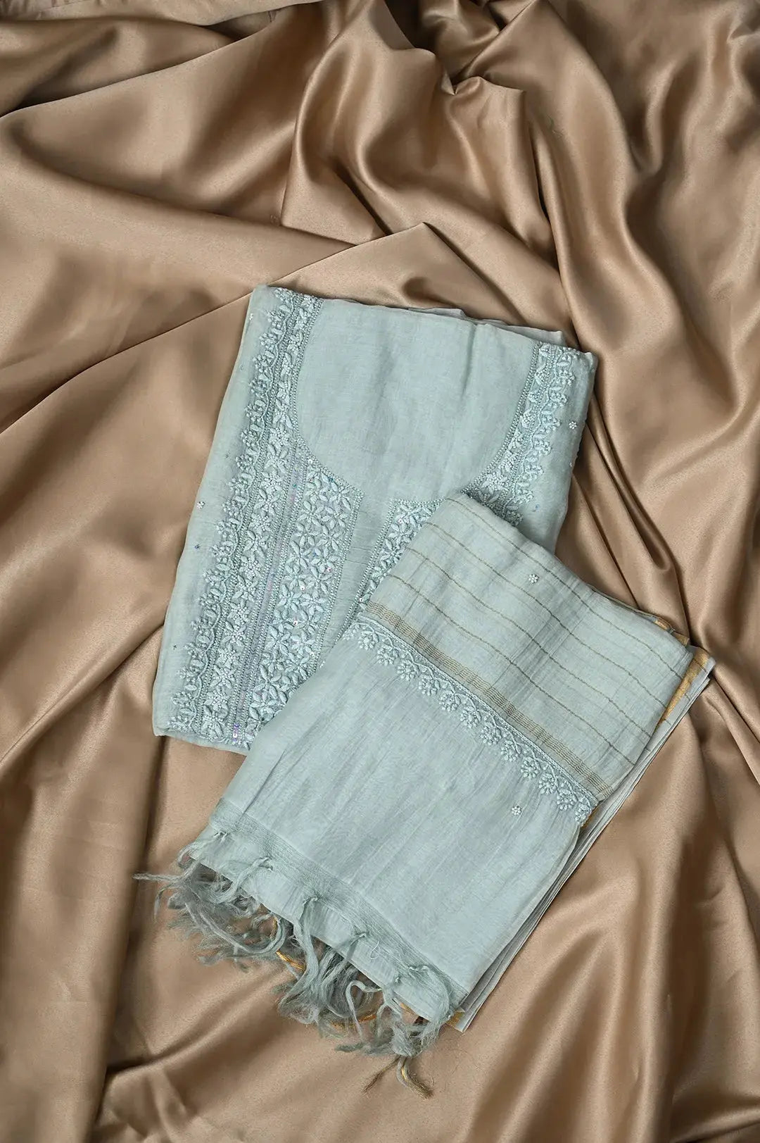 Mul Chanderi Length with Dupatta (with Pearl) - Tiffany Green - Lucknawi Chikankari