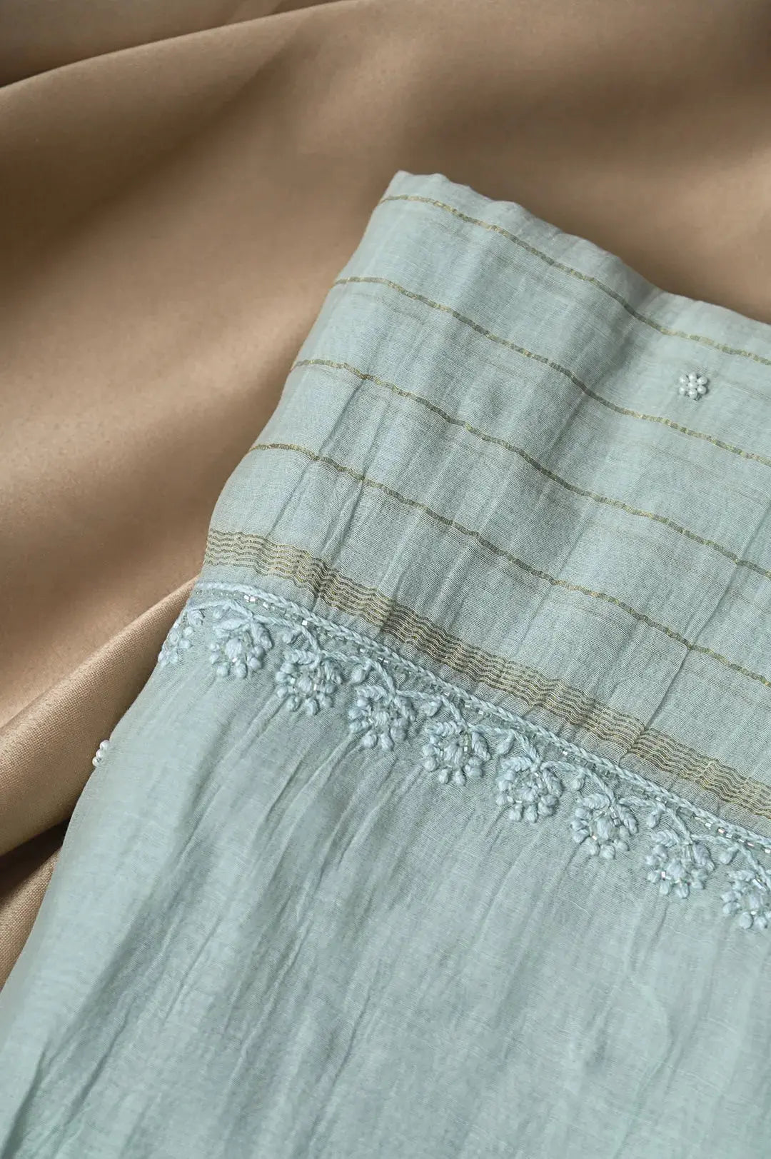 Mul Chanderi Length with Dupatta (with Pearl) - Tiffany Green - Lucknawi Chikankari