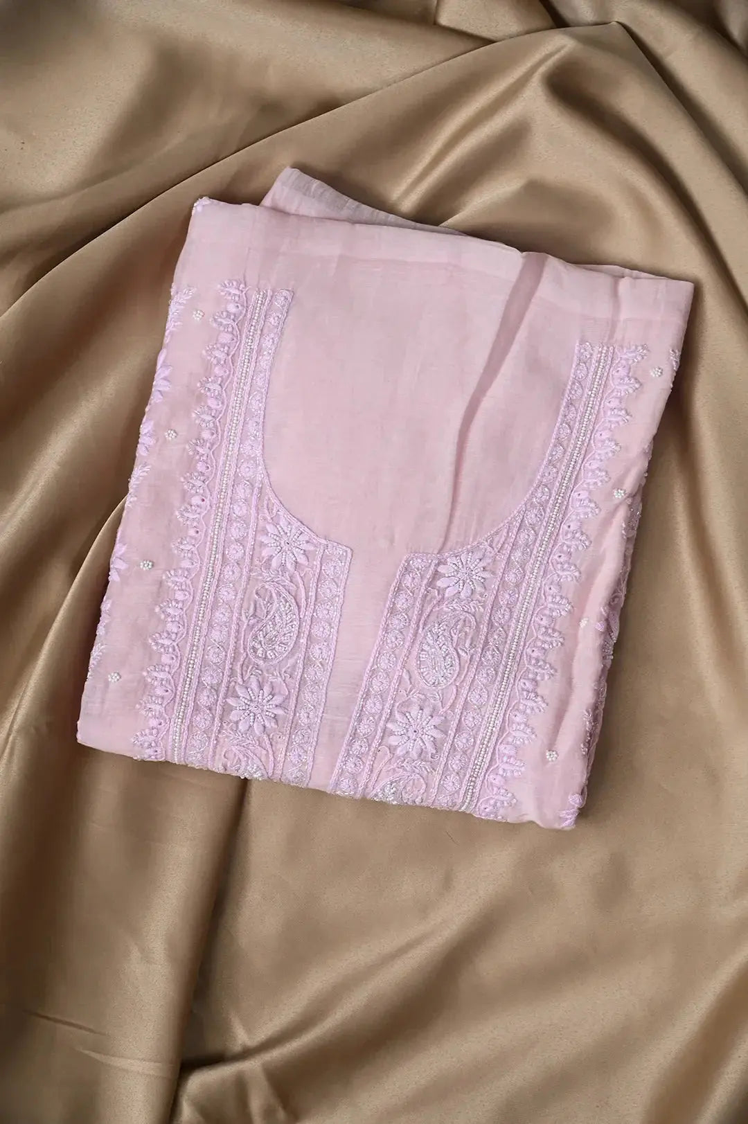 Mul Chanderi Length with Dupatta (with Pearl) - Pink - Lucknawi Chikankari