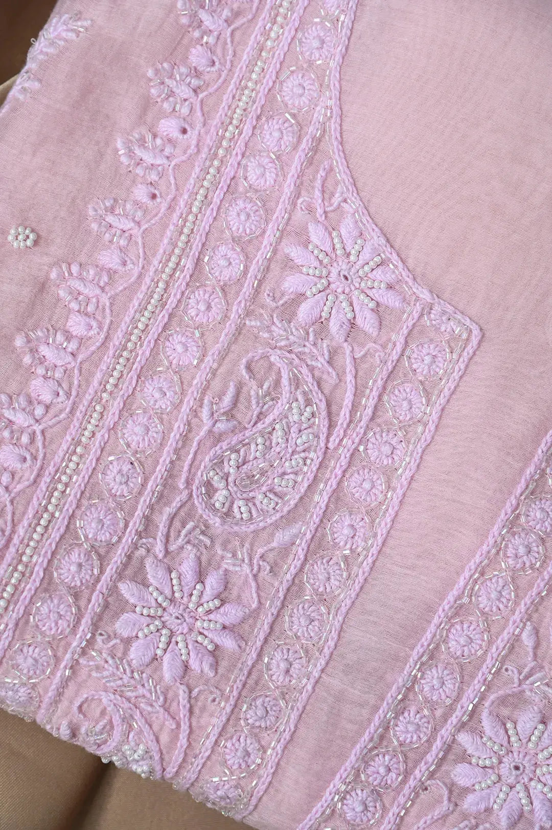 Mul Chanderi Length with Dupatta (with Pearl) - Pink - Lucknawi Chikankari