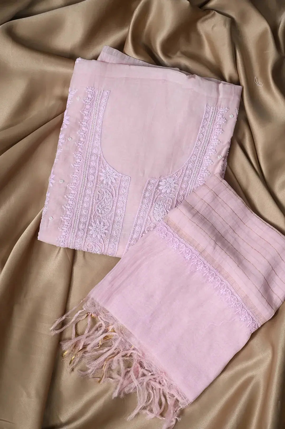 Mul Chanderi Length with Dupatta (with Pearl) - Pink - Lucknawi Chikankari