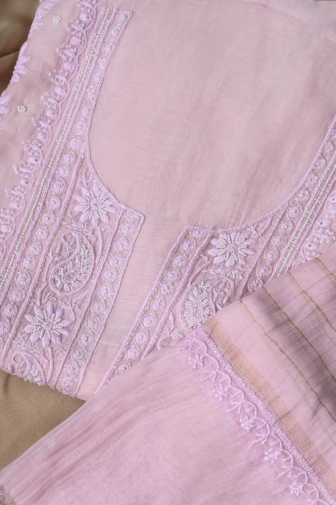 Mul Chanderi Length with Dupatta (with Pearl) - Pink - Lucknawi Chikankari