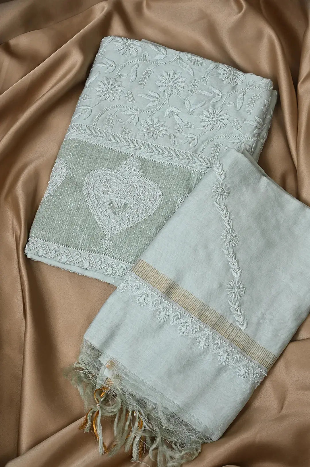 Chanderi Length with Dupatta - Sage Green: adorned with Authentic Lucknawi Chikankari Details