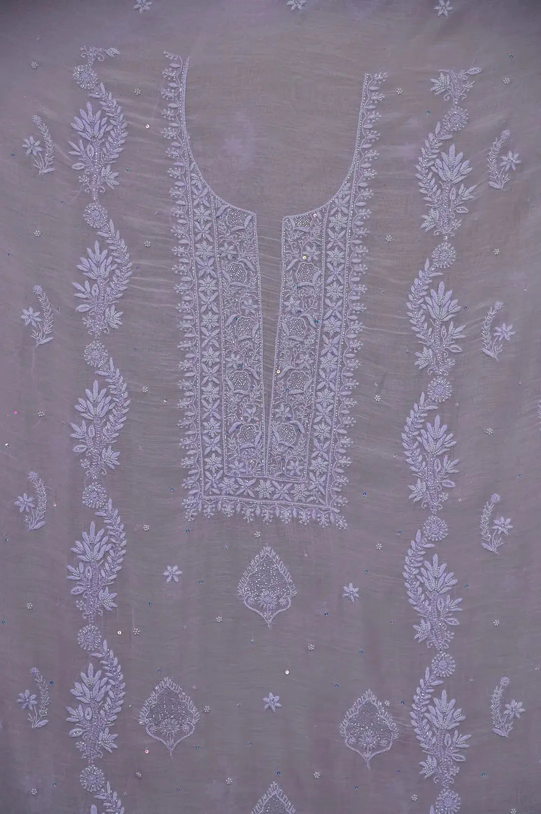 Mul Chanderi Length with Dupatta (with Pearl) - Lilac - Lucknawi Chikankari