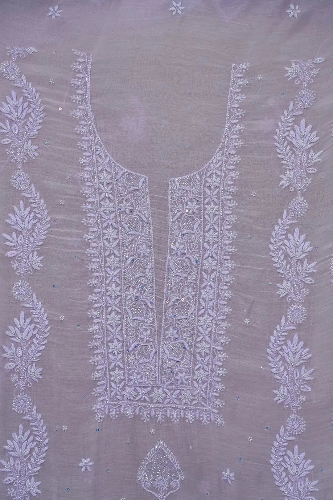 Mul Chanderi Length with Dupatta (with Pearl) - Lilac - Lucknawi Chikankari