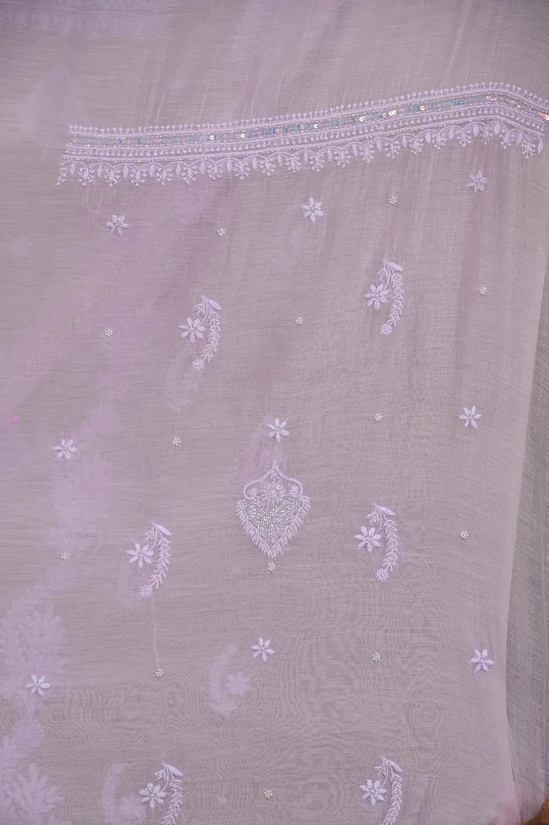 Mul Chanderi Length with Dupatta (with Pearl) - Lilac - Lucknawi Chikankari