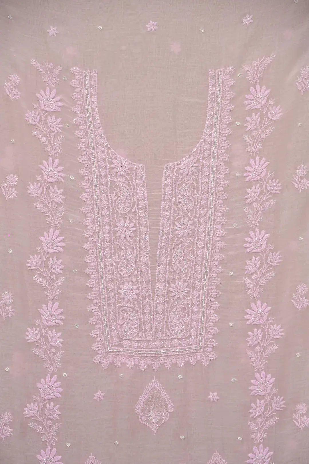 Mul Chanderi Length with Dupatta (with Pearl) - Pink - Lucknawi Chikankari