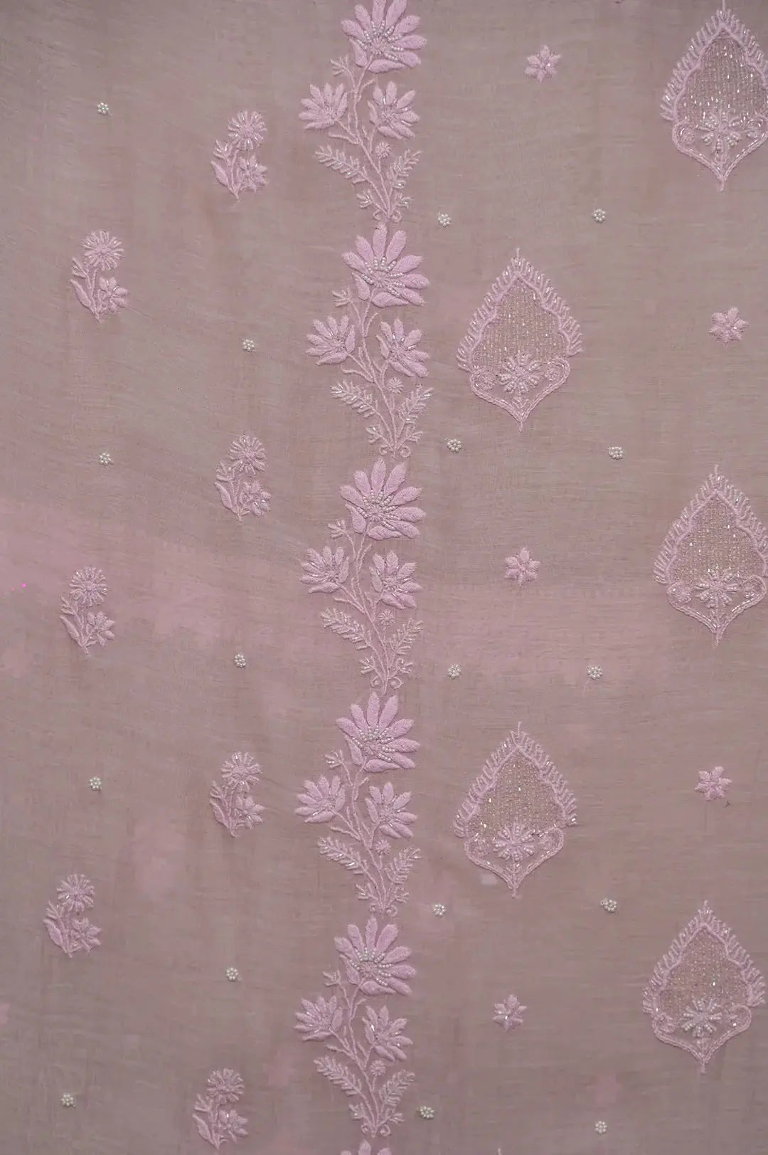 Mul Chanderi Length with Dupatta (with Pearl) - Pink - Lucknawi Chikankari