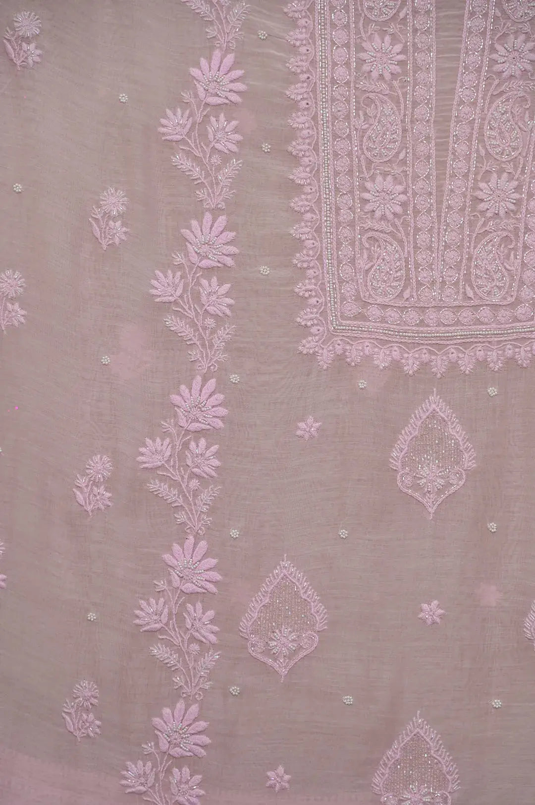 Mul Chanderi Length with Dupatta (with Pearl) - Pink - Lucknawi Chikankari