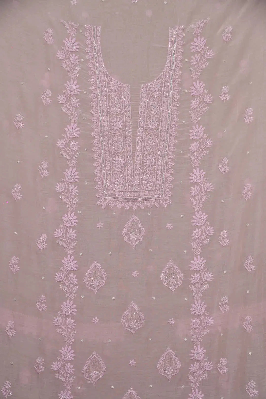 Mul Chanderi Length with Dupatta (with Pearl) - Pink - Lucknawi Chikankari