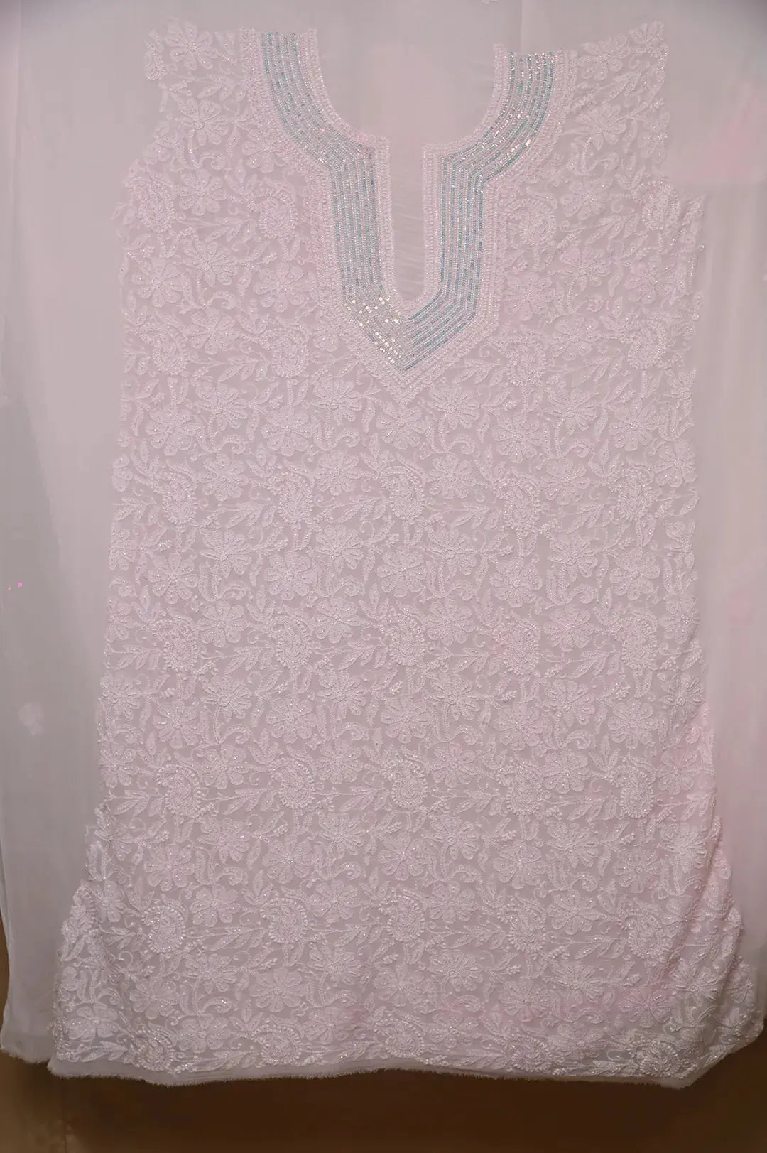 Viscose Length with Dupatta - Pink with Neck Work - Lucknawi Chikankari