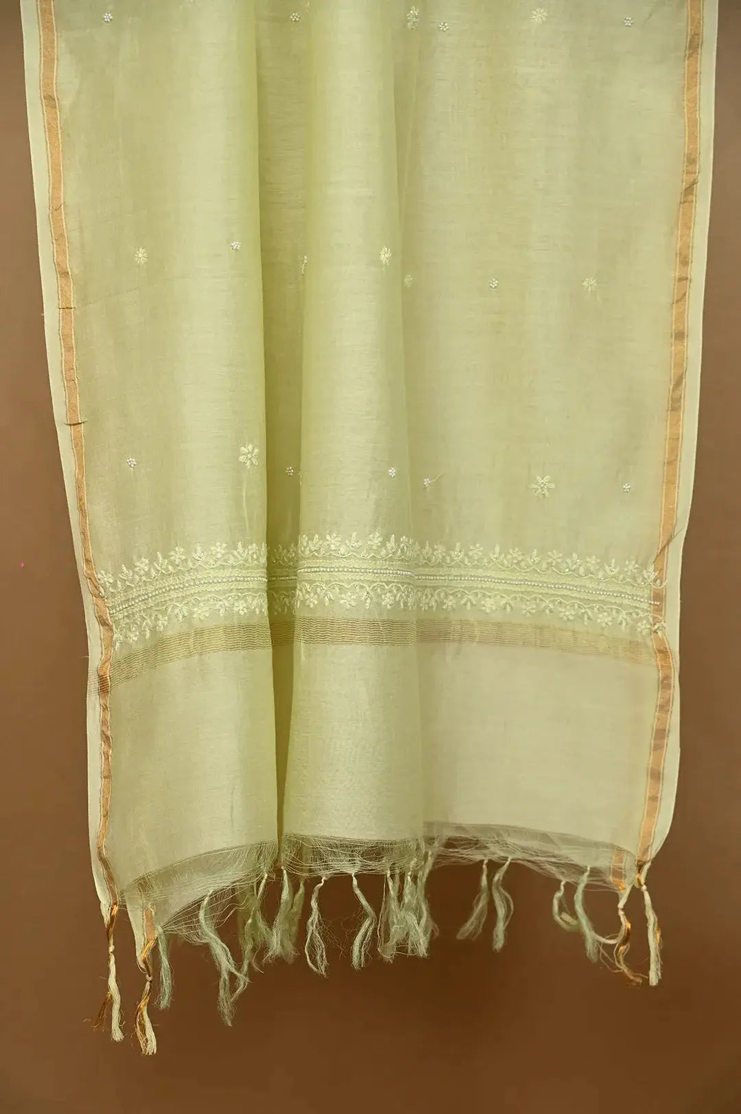 Chanderi Length with Dupatta - Light Green 2 with Handcrafted Lucknawi Chikankari Embellishments