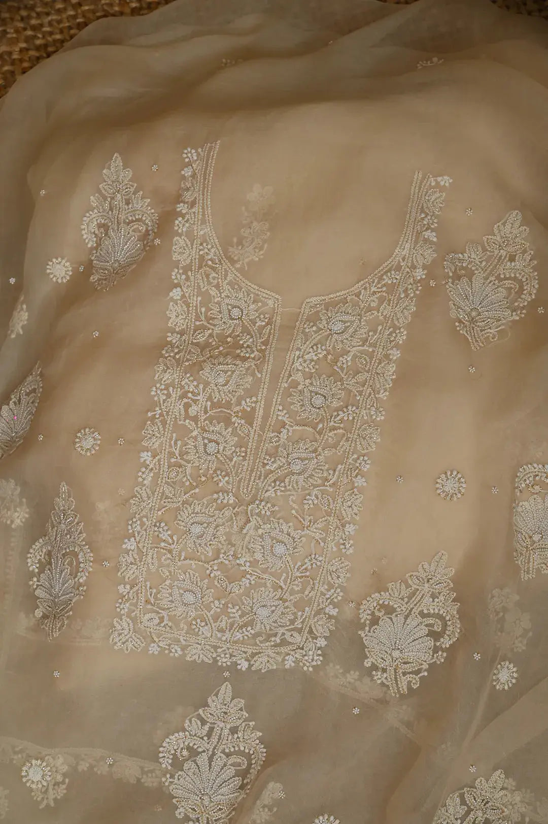 Organza Length with Dupatta (Pearl Work) - Beige: Luxurious Lucknawi Chikankari Craft