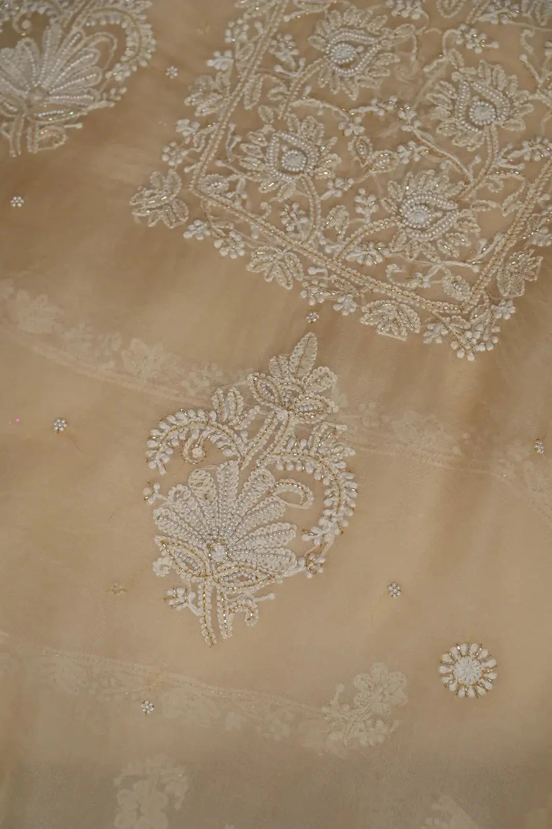 Organza Length with Dupatta (Pearl Work) - Beige: Luxurious Lucknawi Chikankari Craft