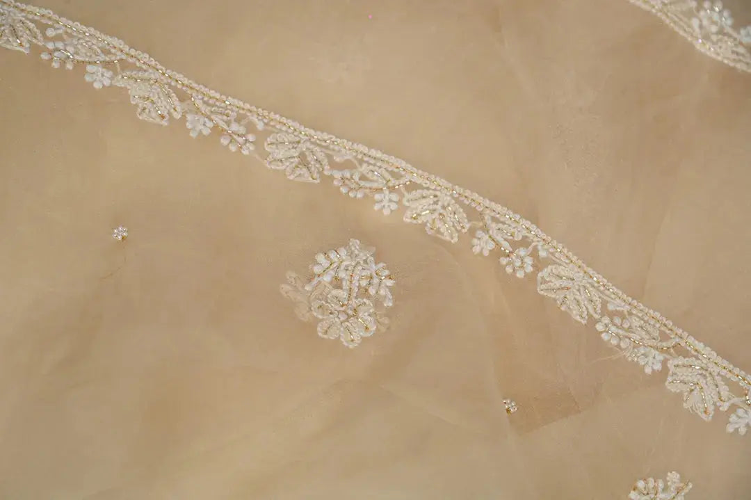 Organza Length with Dupatta (Pearl Work) - Beige: Luxurious Lucknawi Chikankari Craft