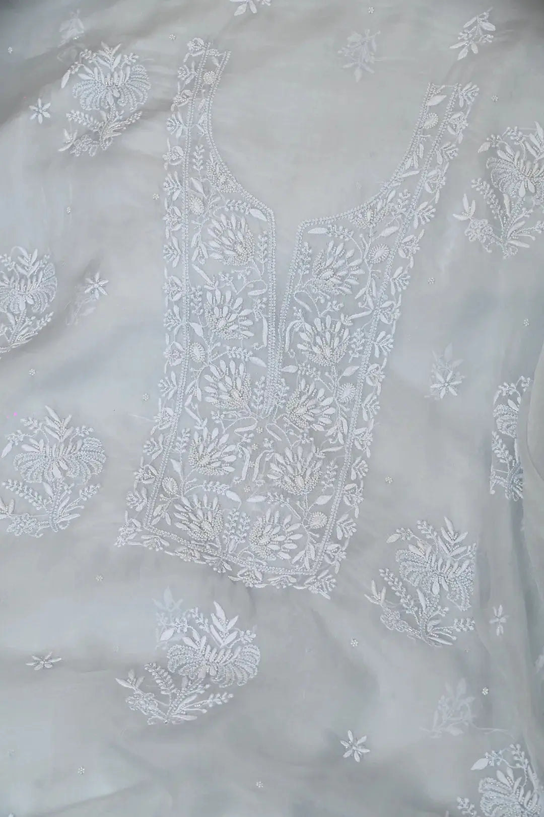 Organza Length with Dupatta (Pearl Work) - Grey Green: Elegant Chikankari Ensemble