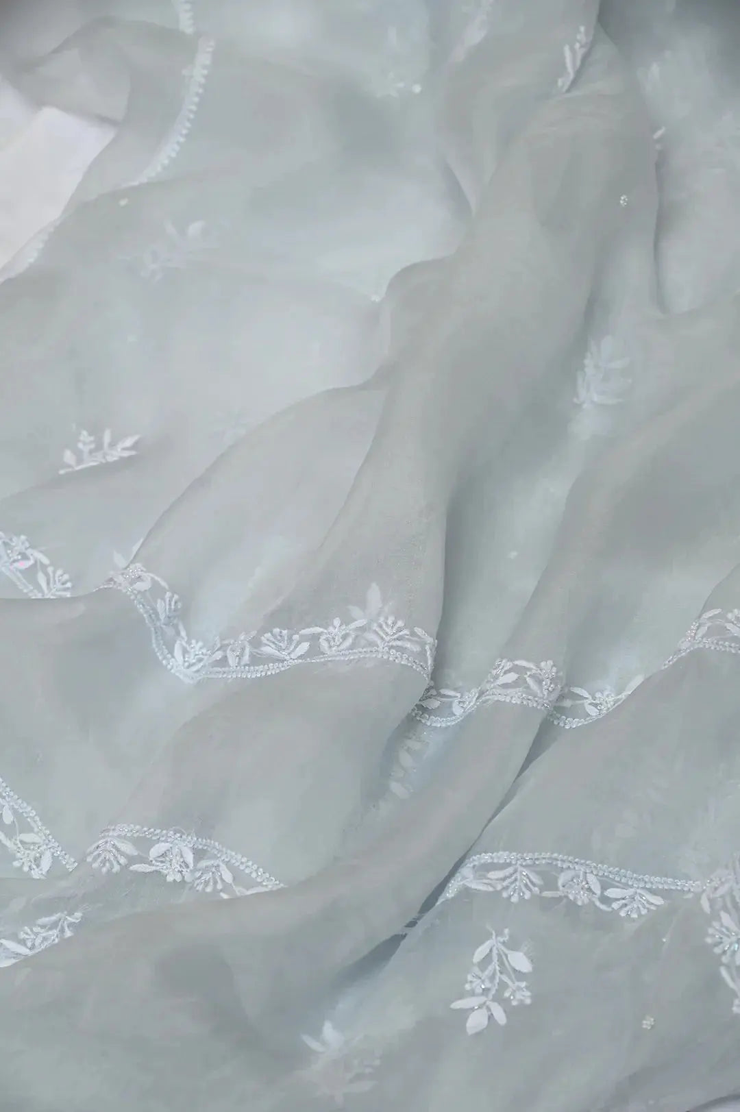 Organza Length with Dupatta (Pearl Work) - Grey Green: Elegant Chikankari Ensemble