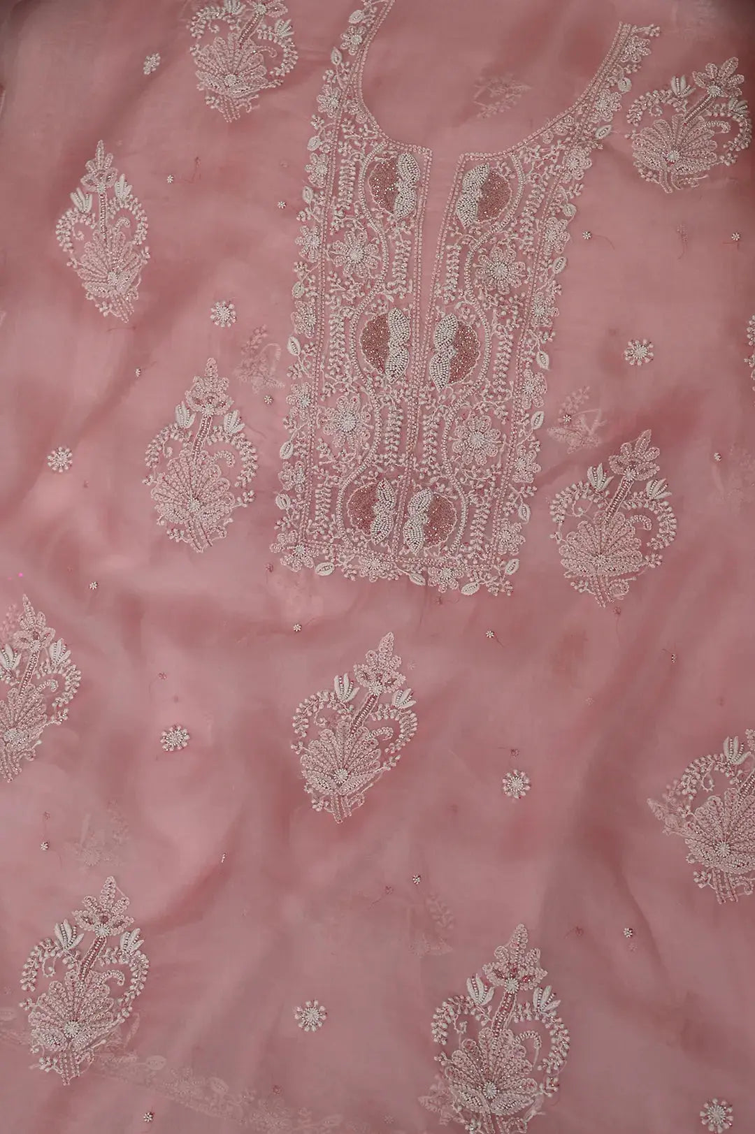 Organza Length with Dupatta (Pearl Work) - Blush Pink: Handcrafted Classic Chikan Elegance