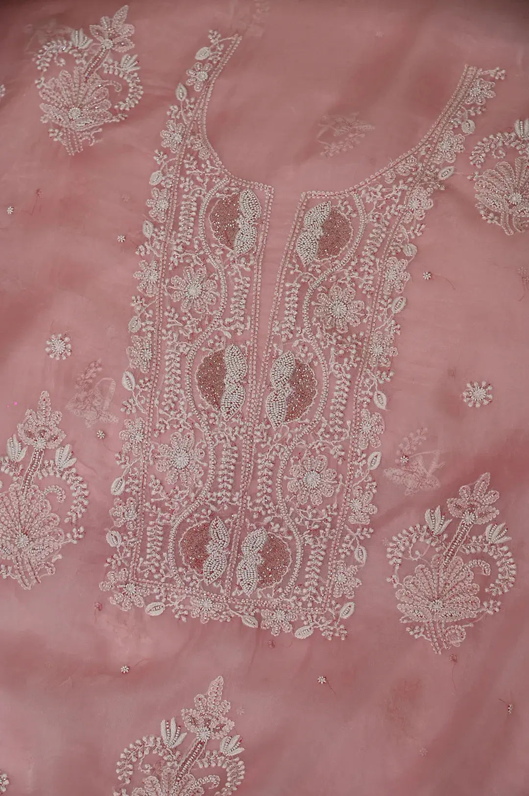 Organza Length with Dupatta (Pearl Work) - Blush Pink: Handcrafted Classic Chikan Elegance