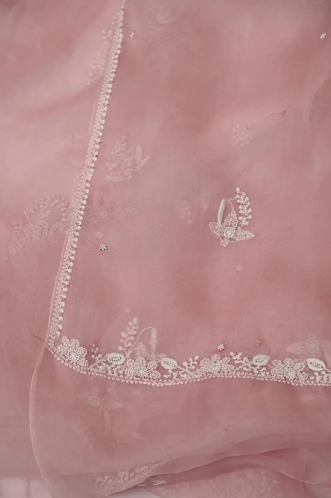 Organza Length with Dupatta (Pearl Work) - Blush Pink: Handcrafted Classic Chikan Elegance