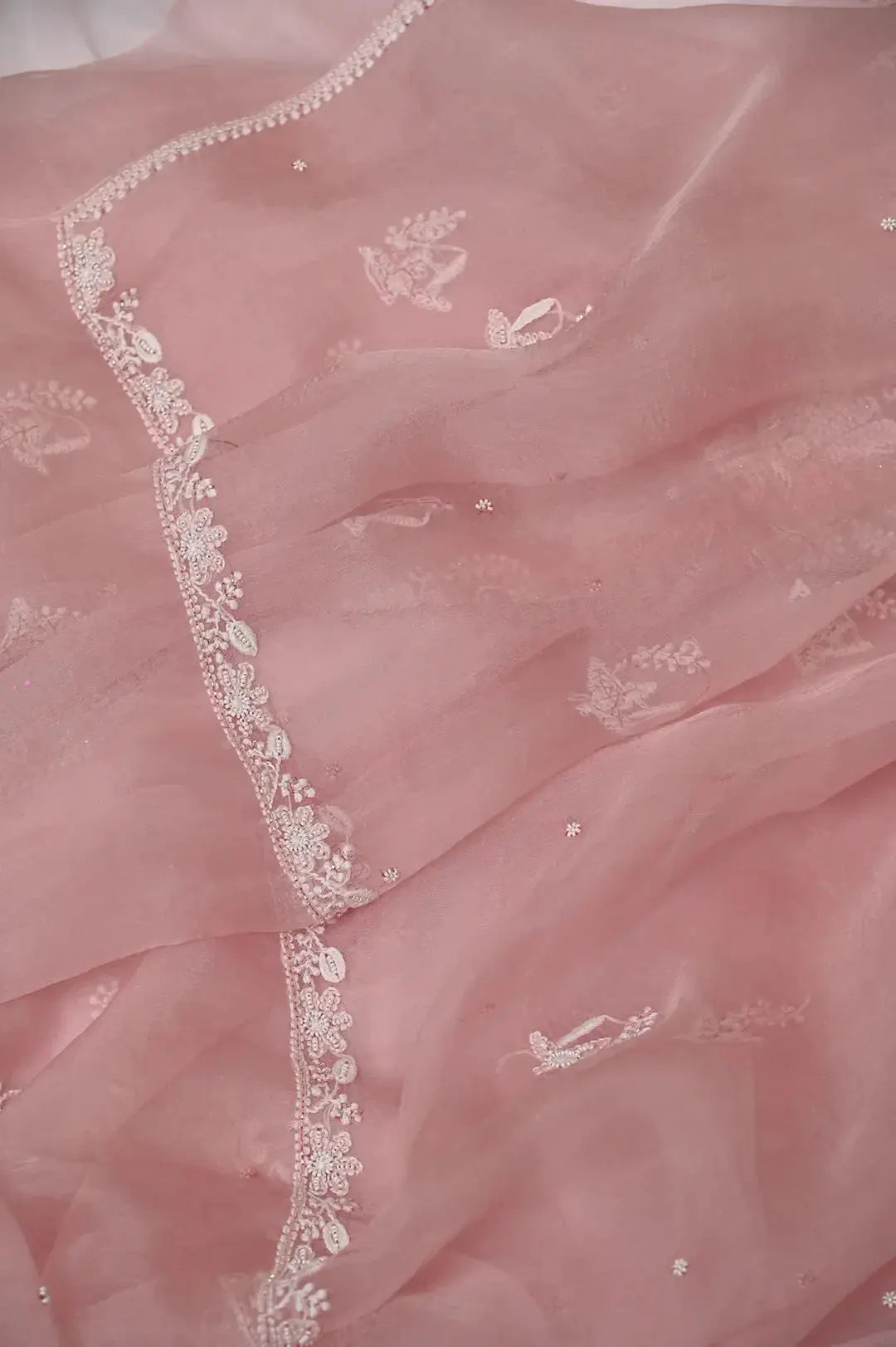 Organza Length with Dupatta (Pearl Work) - Blush Pink: Handcrafted Classic Chikan Elegance