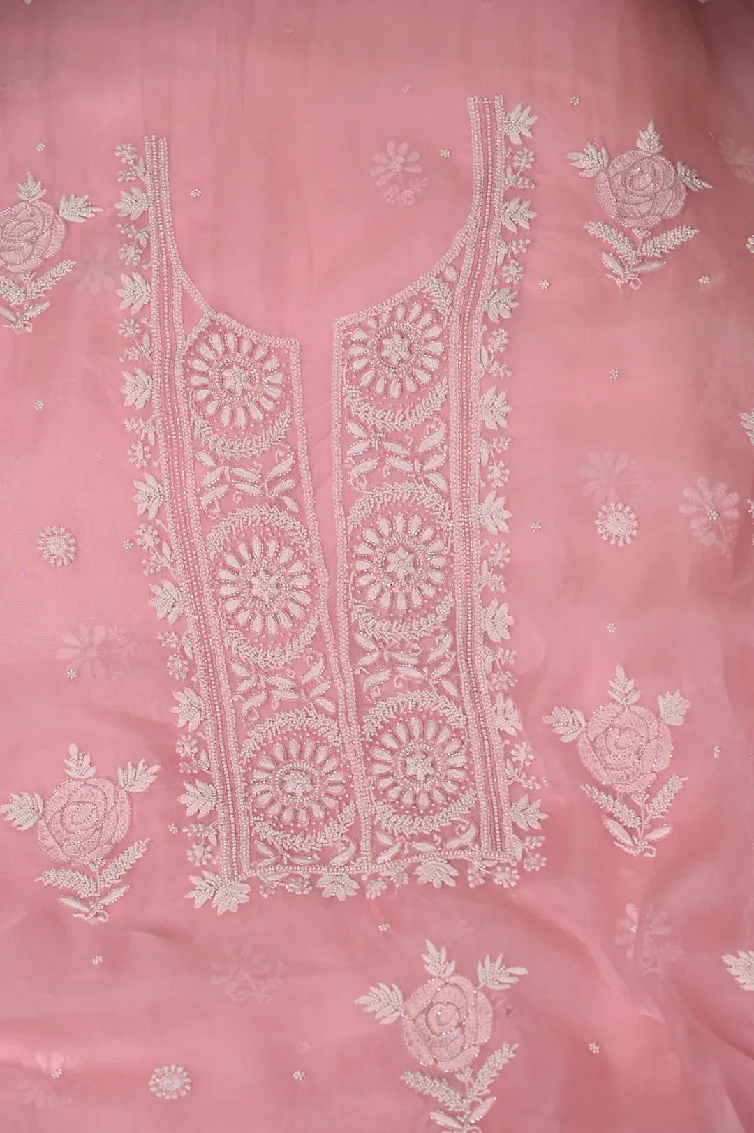 Organza Length with Dupatta (Pearl Work) - Pink: Graceful Handcrafted Traditional Chikan Embroidery