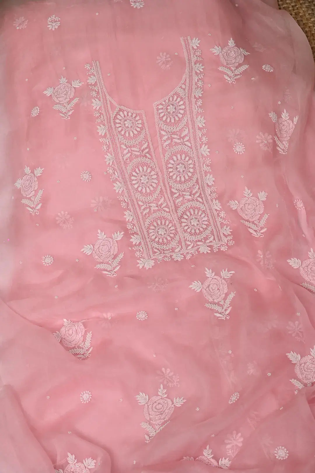 Organza Length with Dupatta (Pearl Work) - Pink: Graceful Handcrafted Traditional Chikan Embroidery