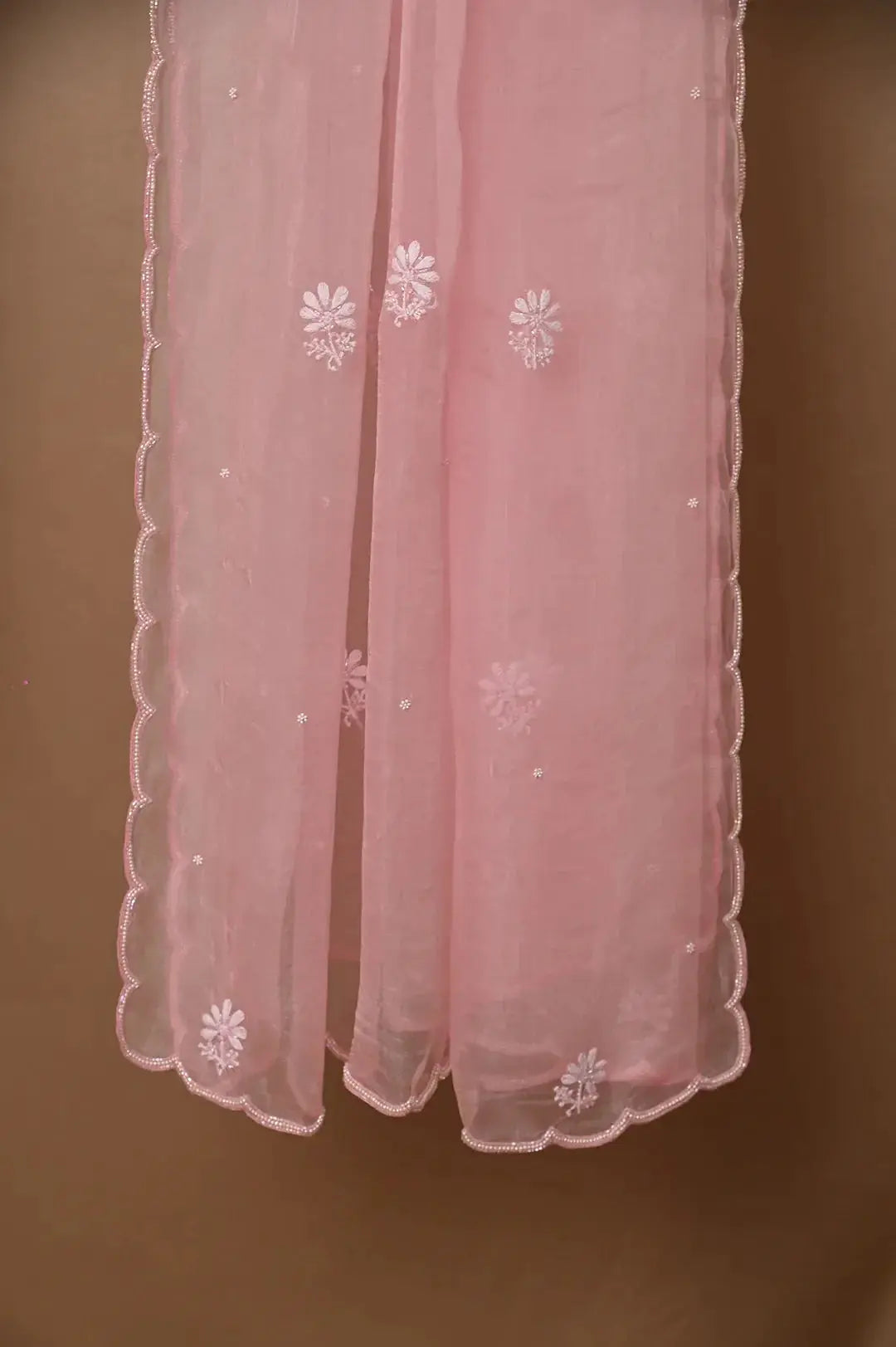 Organza Length with Dupatta (Pearl Work) - Pink: Graceful Handcrafted Traditional Chikan Embroidery