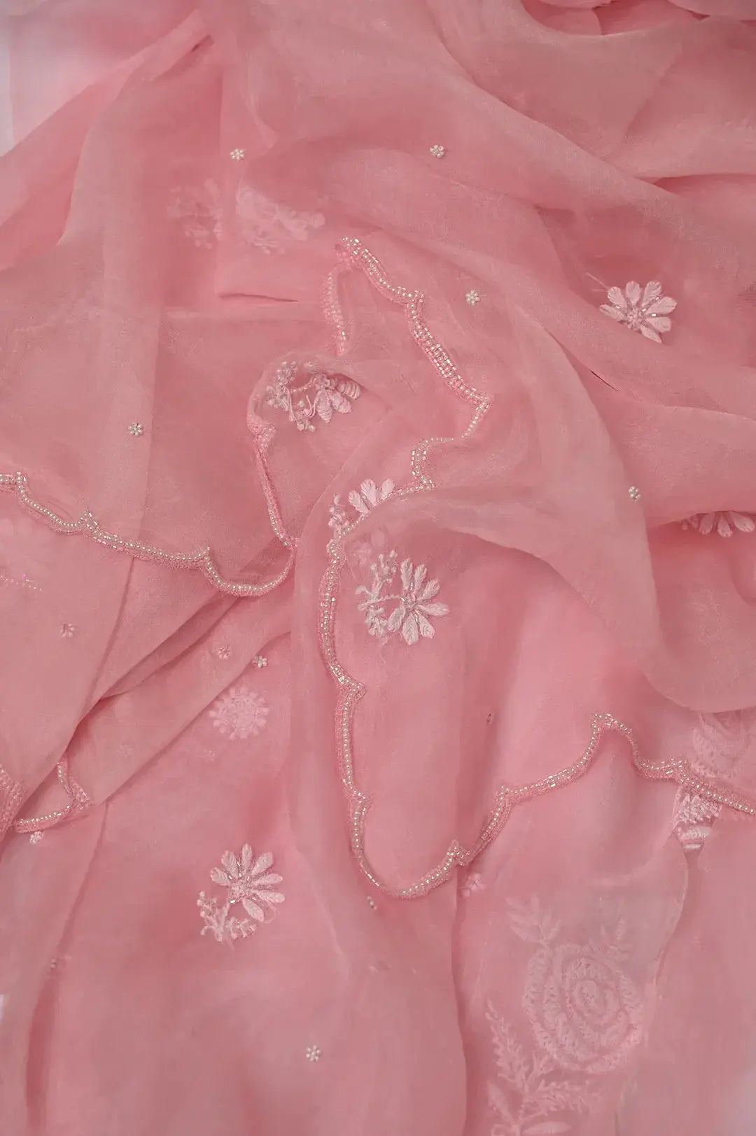 Organza Length with Dupatta (Pearl Work) - Pink: Graceful Handcrafted Traditional Chikan Embroidery