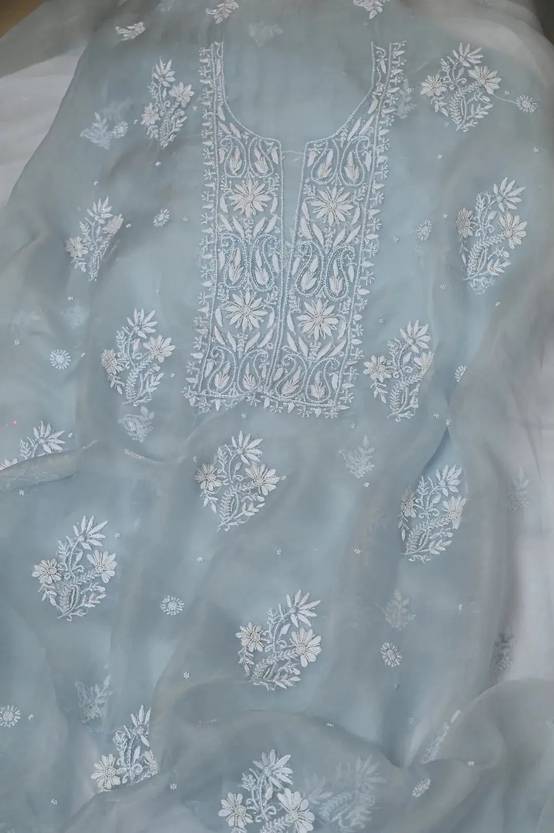 Organza Length with Dupatta (Pearl Work) - Blush Blue: Graceful Handcrafted Traditional Chikan Embroidery