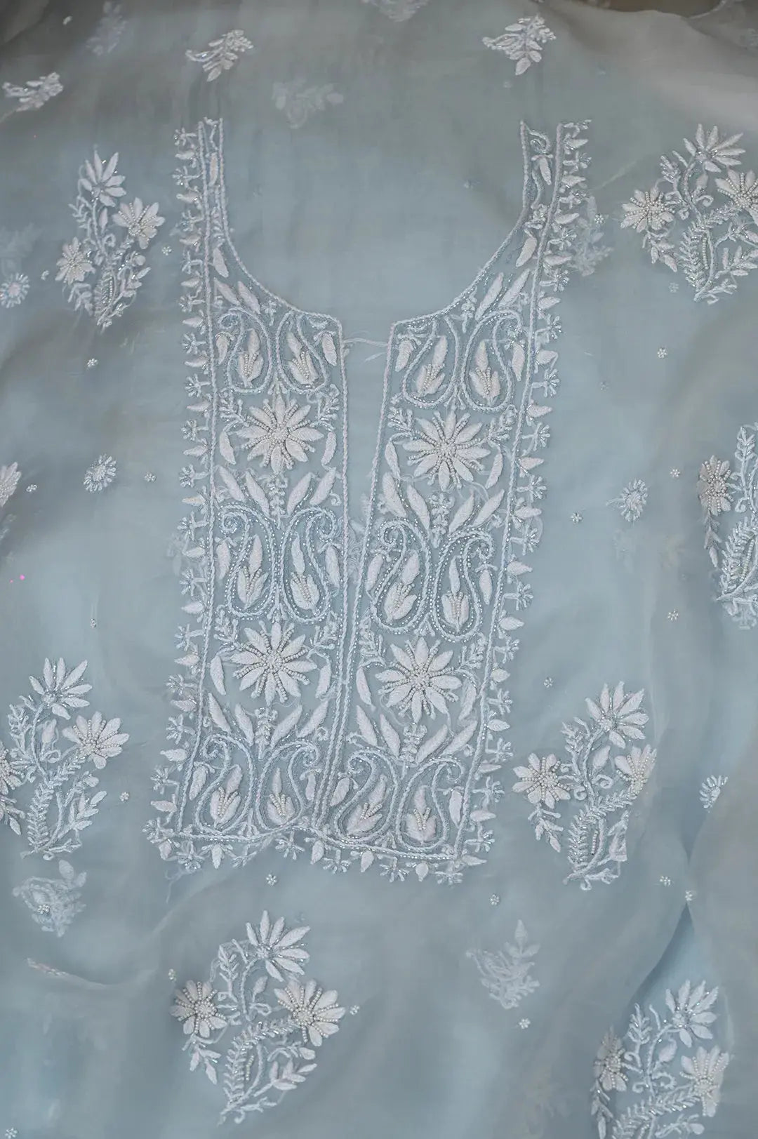 Organza Length with Dupatta (Pearl Work) - Blush Blue: Graceful Handcrafted Traditional Chikan Embroidery