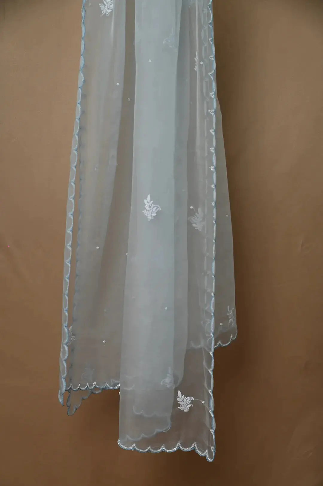 Organza Length with Dupatta (Pearl Work) - Blush Blue: Graceful Handcrafted Traditional Chikan Embroidery