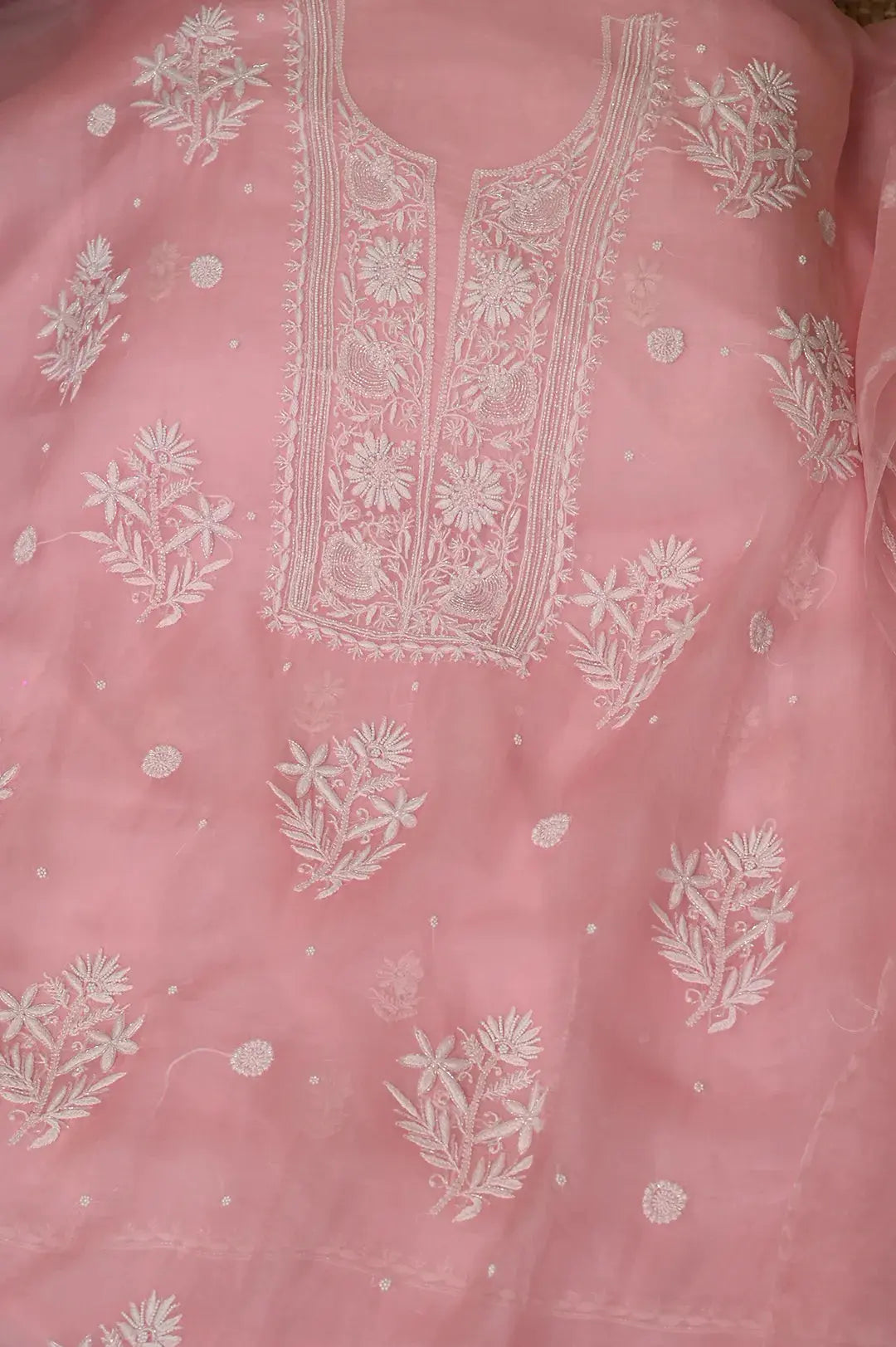 Organza Length with Dupatta (Pearl Work) - Pink: Graceful Handcrafted Traditional Chikan Embroidery