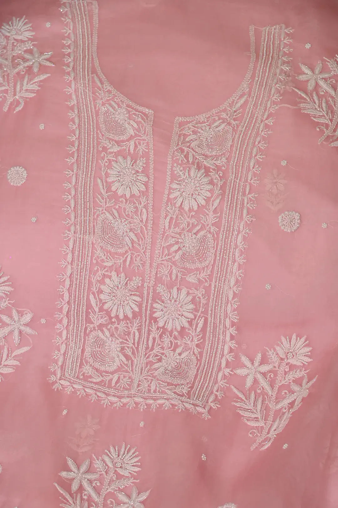 Organza Length with Dupatta (Pearl Work) - Pink: Graceful Handcrafted Traditional Chikan Embroidery