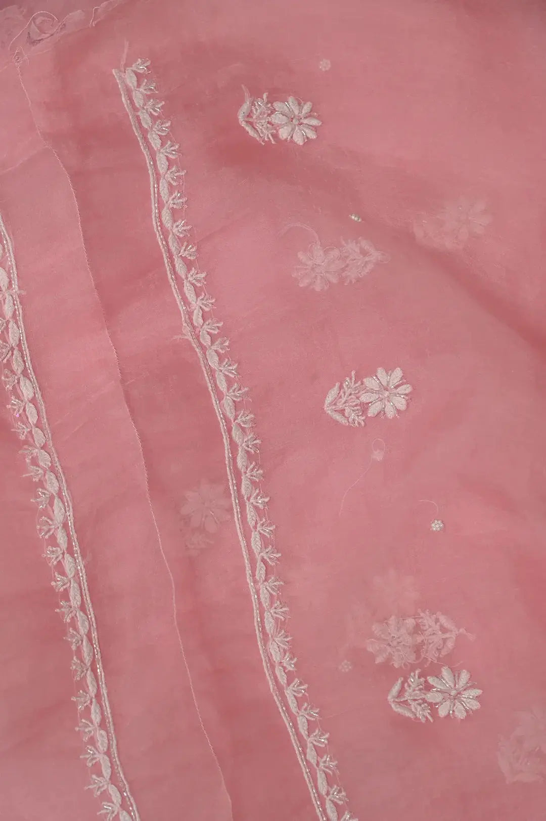 Organza Length with Dupatta (Pearl Work) - Pink: Graceful Handcrafted Traditional Chikan Embroidery