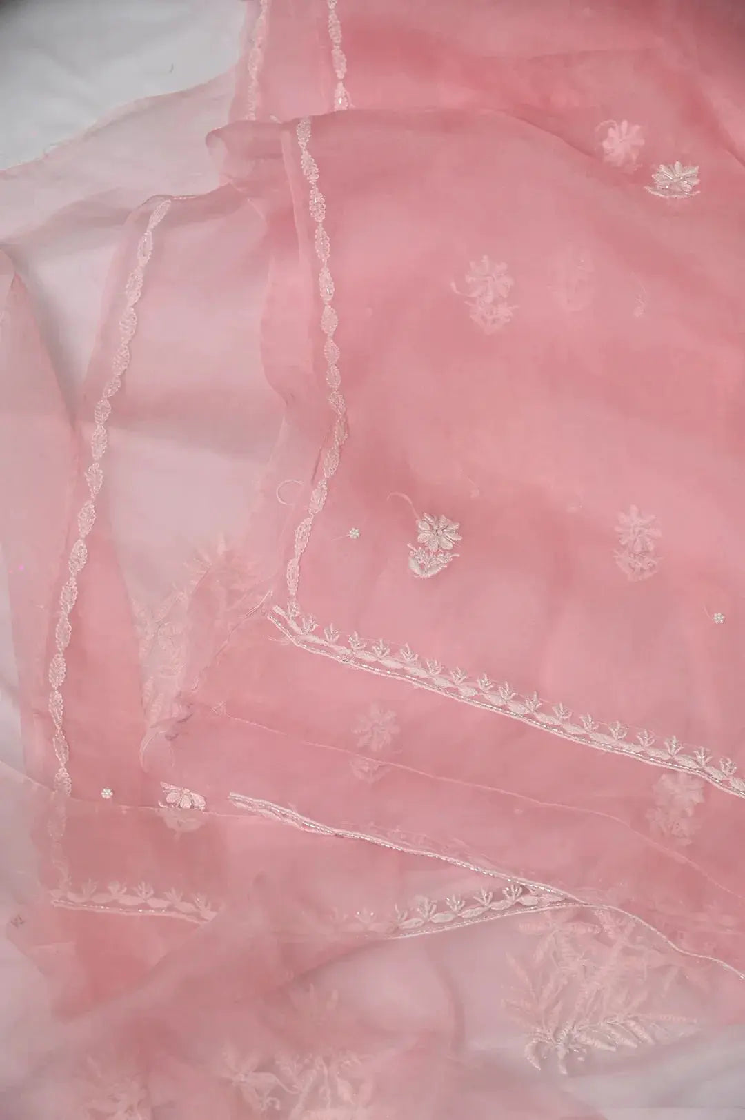 Organza Length with Dupatta (Pearl Work) - Pink: Graceful Handcrafted Traditional Chikan Embroidery