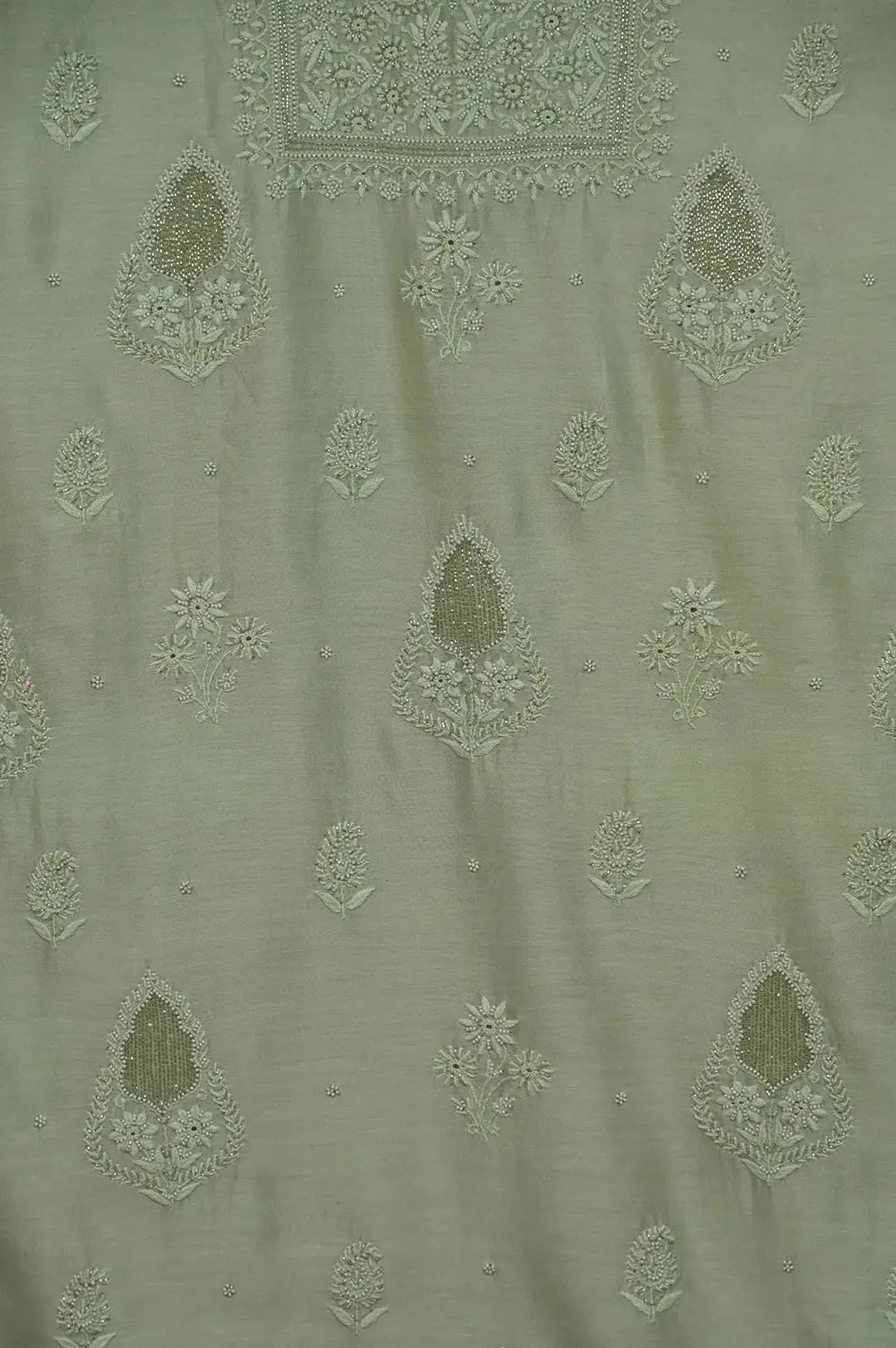 Chanderi Length with Dupatta - Sage Green: adorned with Authentic Lucknawi Chikankari Details