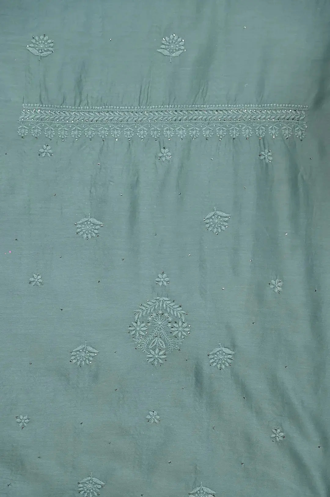 Chanderi Length Mukaish with Dupatta - Tiffany Green: adorned with Authentic Lucknawi Chikankari Details