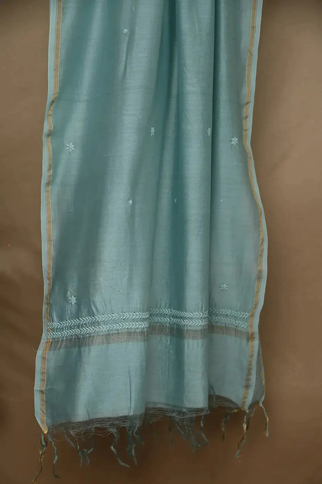 Chanderi Length Mukaish with Dupatta - Tiffany Green: adorned with Authentic Lucknawi Chikankari Details