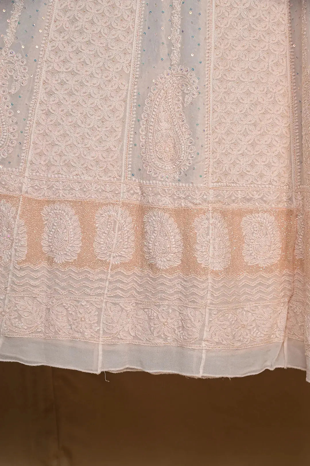 Viscose Anarkali - Semi Stitched - Pearl Work - Peach: Semi-Stitched with Beautiful Pearl Work Embellishments Chikankari