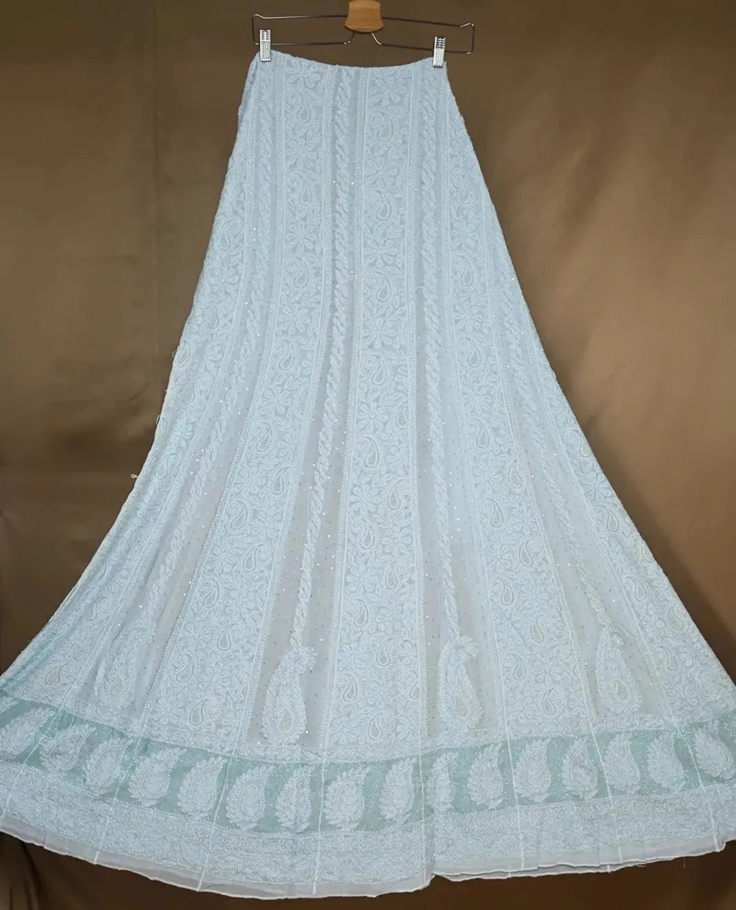 Viscose Anarkali - Semi Stitched - Pearl Work - Icy Blue: Semi-Stitched with Delicate Pearl Work Accents Chikankari