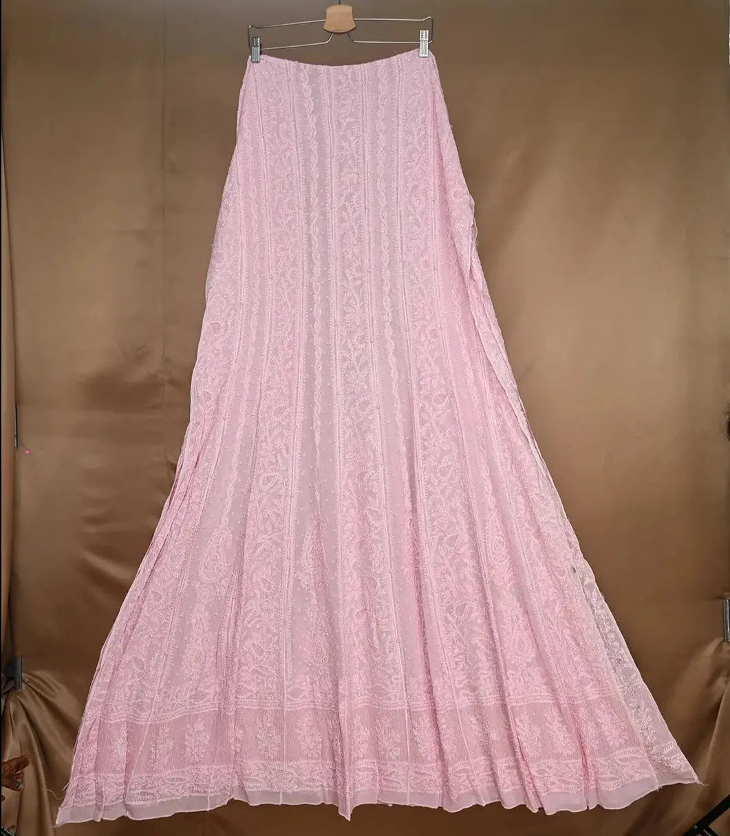 Viscose Anarkali - Semi Stitched - Pearl Work - Pink: Semi-Stitched with Elegant Pearl Work Embroidery Chikankari