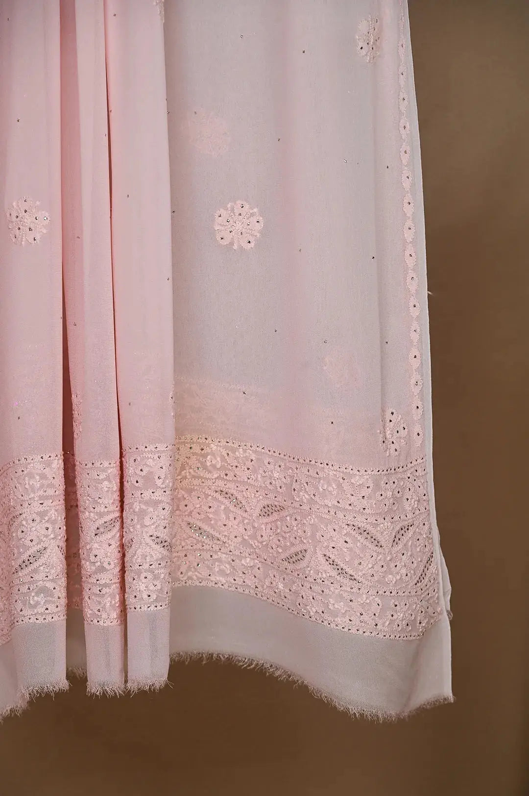 Viscose Anarkali - Semi Stitched - Pink Mukaish: Semi-Stitched with Pearl Work and Mukaish Embroidery Chikankari