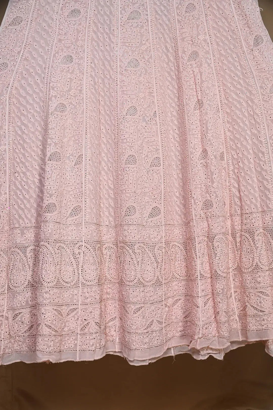 Viscose Anarkali - Semi Stitched - Pink Mukaish: Semi-Stitched with Pearl Work and Mukaish Embroidery Chikankari