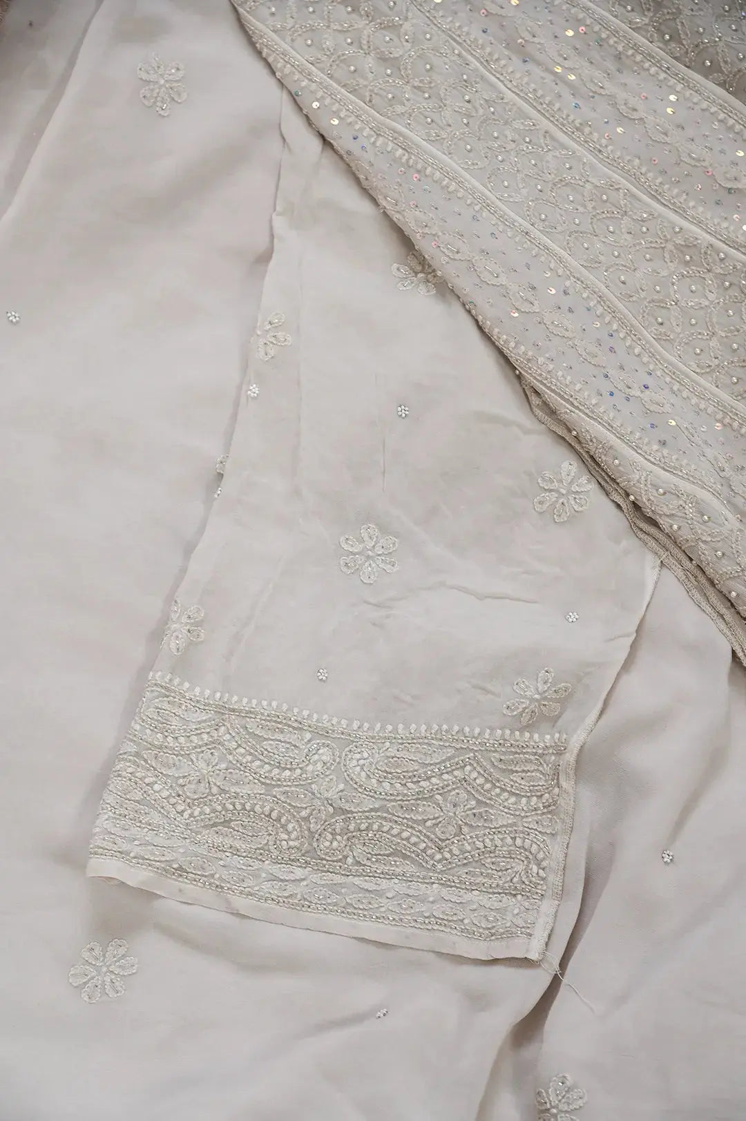 Viscose Anarkali - Semi Stitched - Pearl Work - Beige: Semi-Stitched with Exquisite Pearl Work Embellishments Chikankari