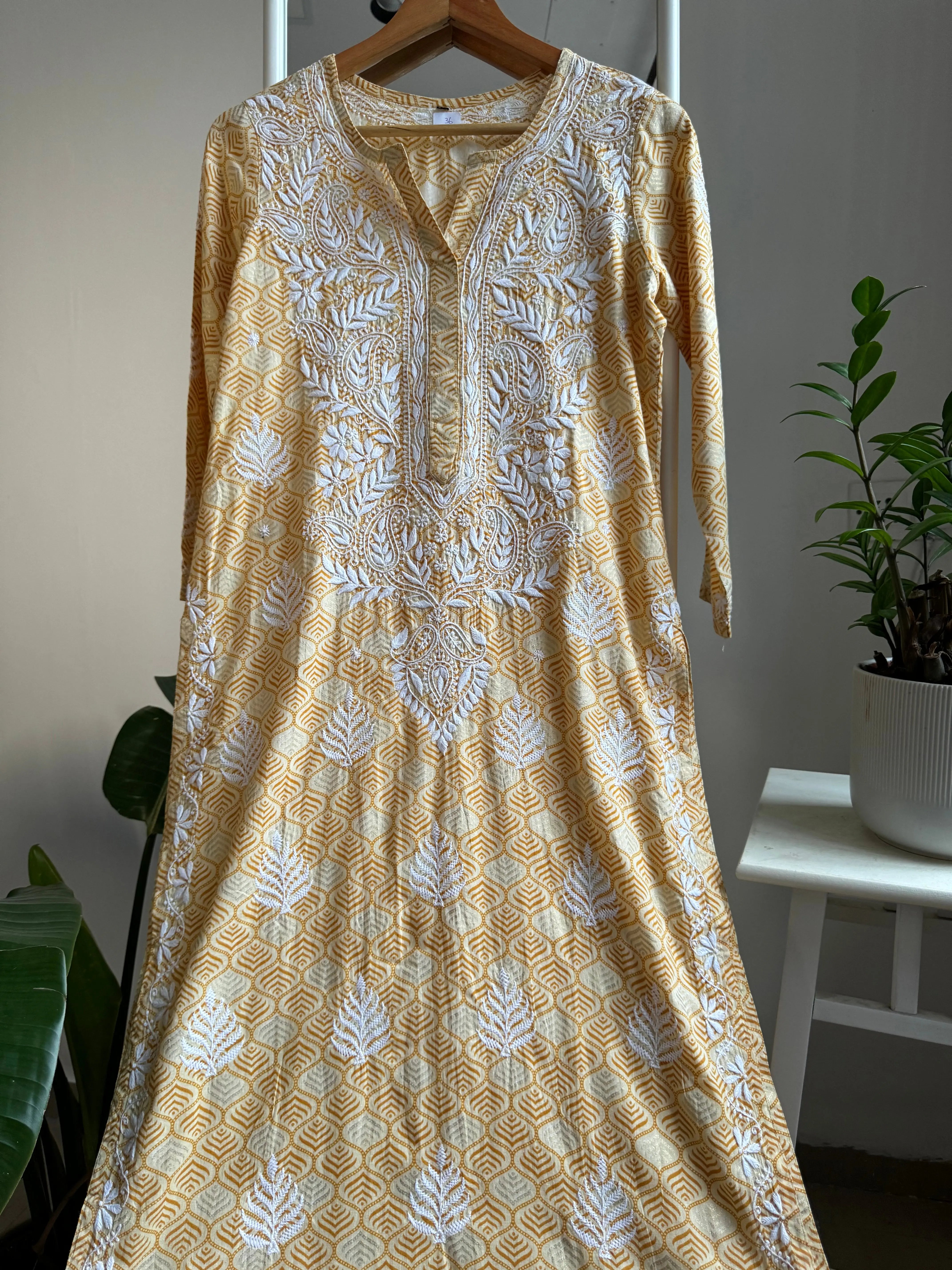 Mul Cotton Printed Chikankari Kurti - Yellow ARIAA CHIKANKARI 