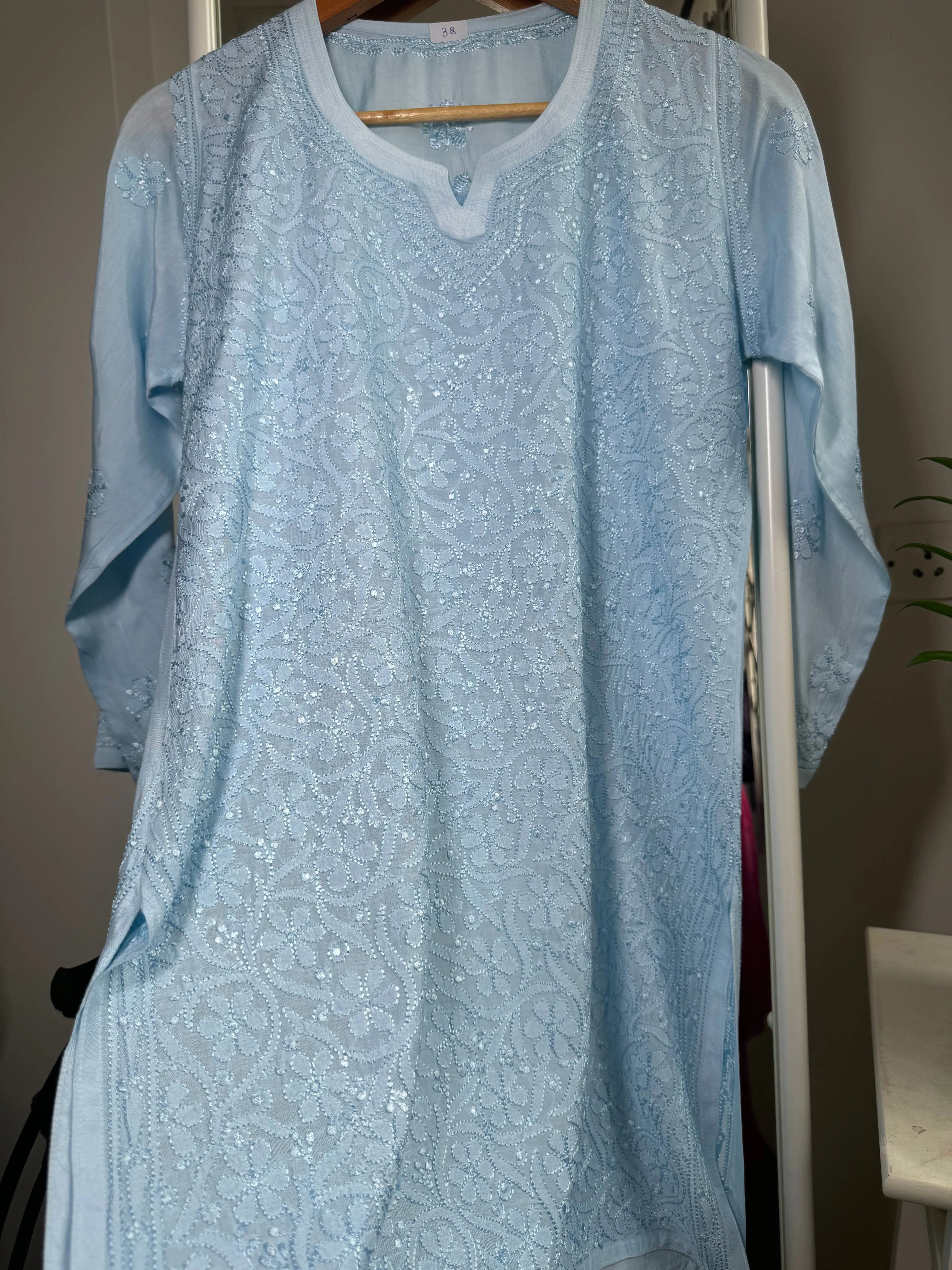 Chikankari Muslin short Top in sky Blue ARIAA CHIKANKARI 